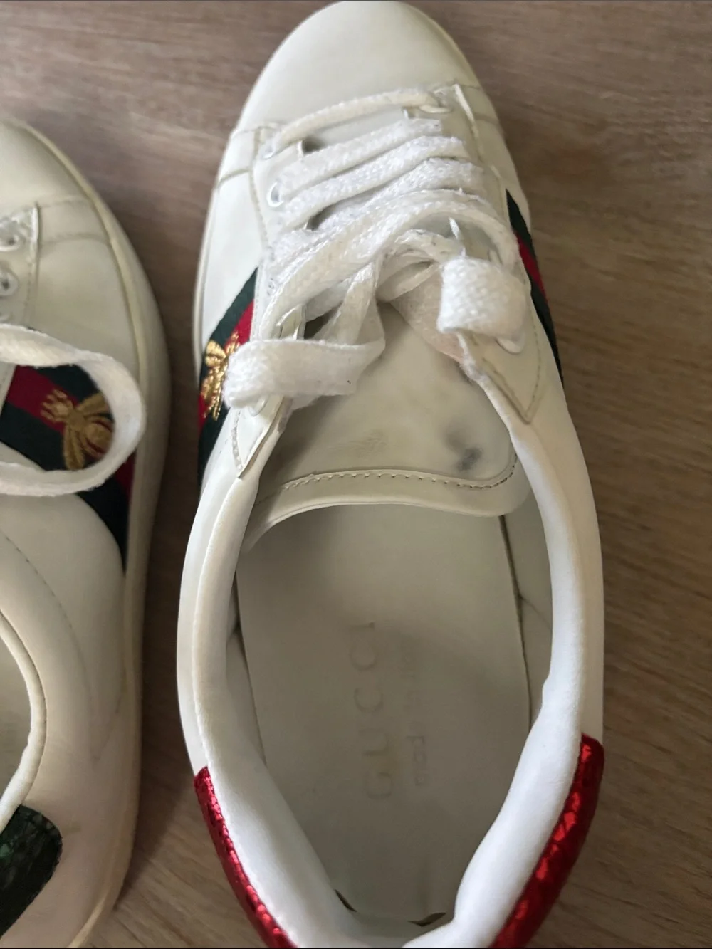 Gucci White Leather Sneakers with Red & Green Accents
